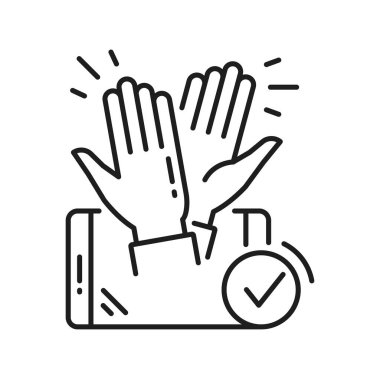 Referrals, people give high five from smartphone, deal is done outline icon. Vector partners celebrate partnership in affiliate program