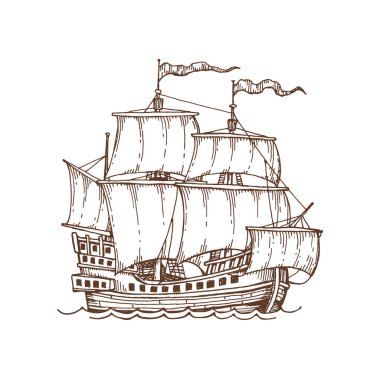 Isolated brigantine, vintage sail ship sailboat vessel sketch icon. Vector nautical vessel galleon, sailboat war ship on sea ocean waves