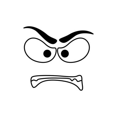 Angry smile face emoticon, cartoon line emoji. Vector isolated comic smiley with grumpy mouth