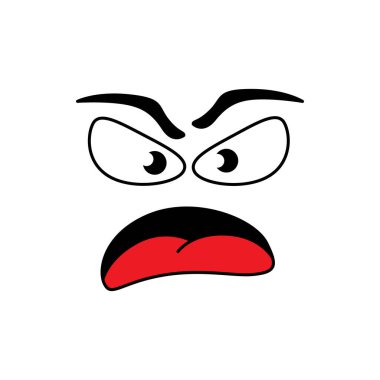 Angry smile face emoticon, cartoon line emoji. Vector isolated grumpy comic smiley of eyes and mouth