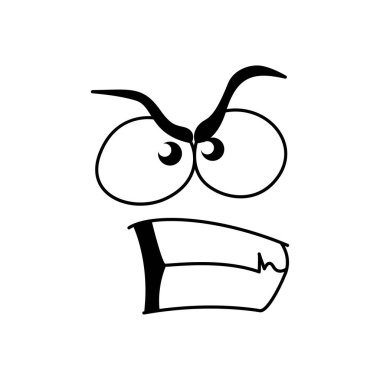 Smile face emoticon, disgruntled comic smiley with annoyed grumbling mouth and angry brows. Vector isolated cartoon line emoji