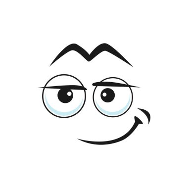 Cartoon face vector funny smirk smile emoji, satisfied relaxed facial expression. Positive feelings, relief smiling character isolated on white background
