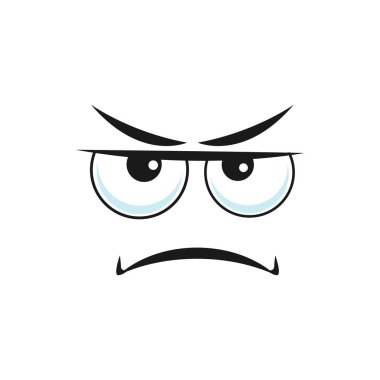 Cartoon face, vector displeased emoji with squinted eyes look sullenly and closed mouth with corners curved down. Negative facial expression, sullen feelings isolated on white background