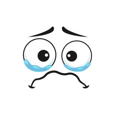 Cartoon crying face emoji with tears in wet round eyes and trembling mouth. Upset vector dissatisfied facial expression, unhappy plaintive or piteous feelings isolated on white background