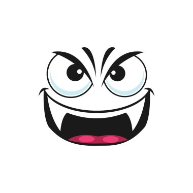 Cartoon vampire face, smiling vector emoji. Demon with sharp fangs gloat smile emotion. Malefactor with angry eyes and laughing toothy mouth. Halloween or hell character isolated on white background
