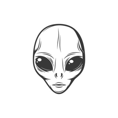 Face of extraterrestrial alien with big black eyes, hypothetical life person, cosmic civilizations character isolated monochrome portrait. Vector futuristic paranormal humanoid, outerspace creature