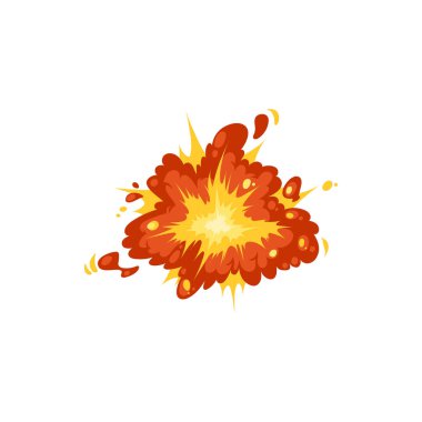 Boom bang effect from bomb blast and fire explosion isolated exploding fire flat cartoon icon. Vector nuclear bomb burst, dynamite demolition, fireball of radiation. Orange flame, energy weapon