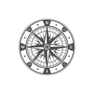 Antique navigation compass, marine navigation symbol. Sailor compass pictogram, nautical journey direction vector icon. Treasure hunt vintage symbol or medieval map rose wind sign