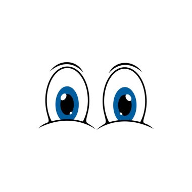 Eyes cartoon face, smile expression and googly character vector icon. Comic big open eyes facial emoji or emoticon with surprised or scary and shy look
