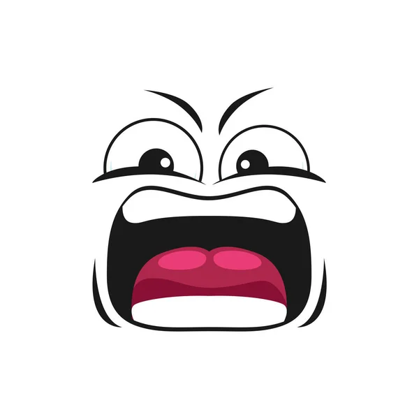 Cartoon angry face vector yelling emoji with mad eyes and yell mouth. Aggressive comic face with furrowed brows, furious facial expression isolated on white background