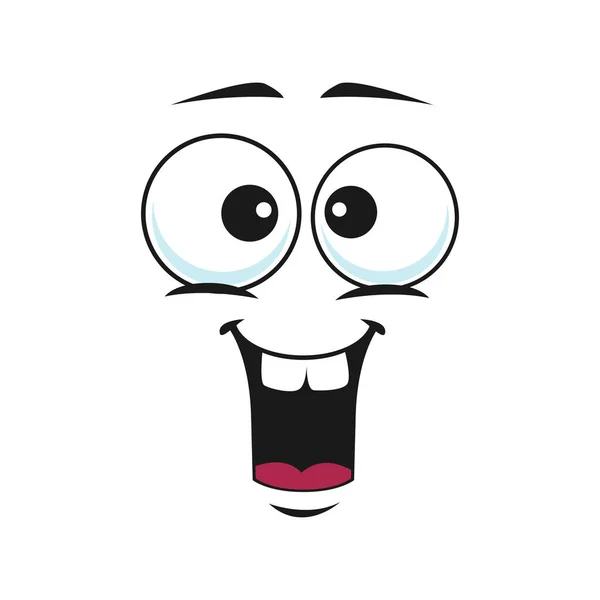 Happy cartoon face with wide smile, vector excited facial emoji. Funny emotion, comic character face with toothy smiling mouth and round eyes isolated on white background