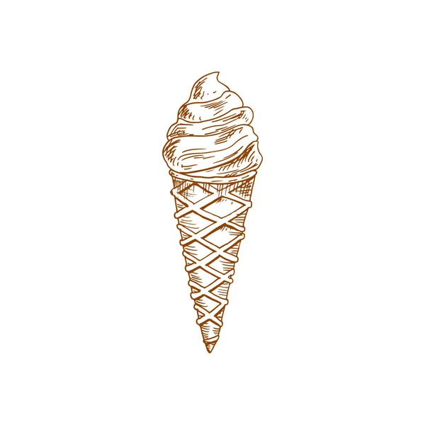 Ескіз Вафельного Конусного Морозива Векторний Солодкий Літній Десерт Вершковий Вихор — стоковий вектор