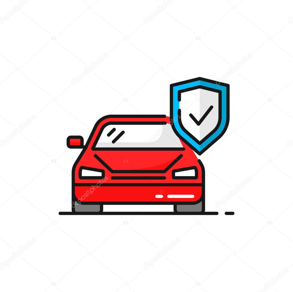 Auto insurance and safety shield isolated outline color icon. Vector transport insurance, risk coverage sign. Vehicle protection symbol, secure of theft