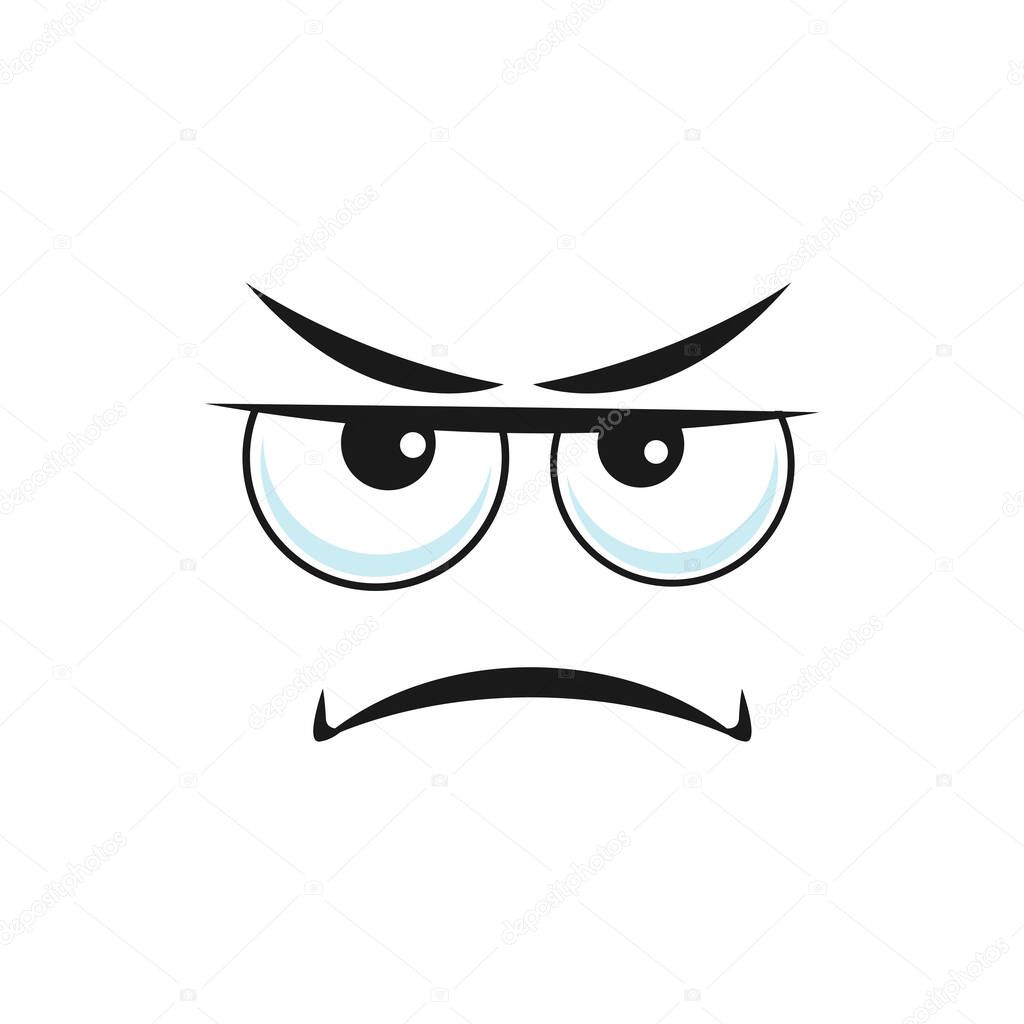 Cartoon face, vector displeased emoji with squinted eyes look sullenly and closed mouth with corners curved down. Negative facial expression, sullen feelings isolated on white background