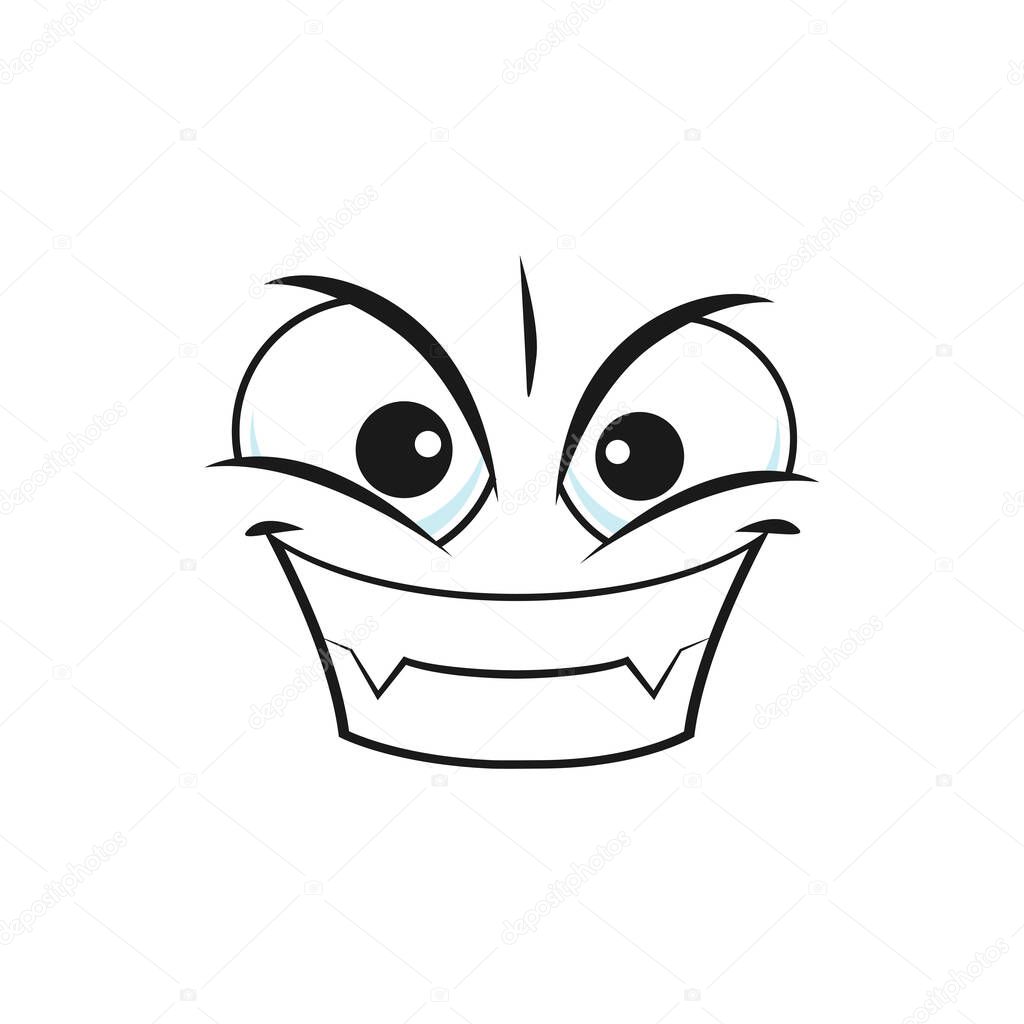 Evil scary cartoon smile face, smiling vampire vector emoji. Monster with sharp teeth, demon with fangs gloat emotion. Malefactor with angry eyes and laughing toothy mouth. Halloween character