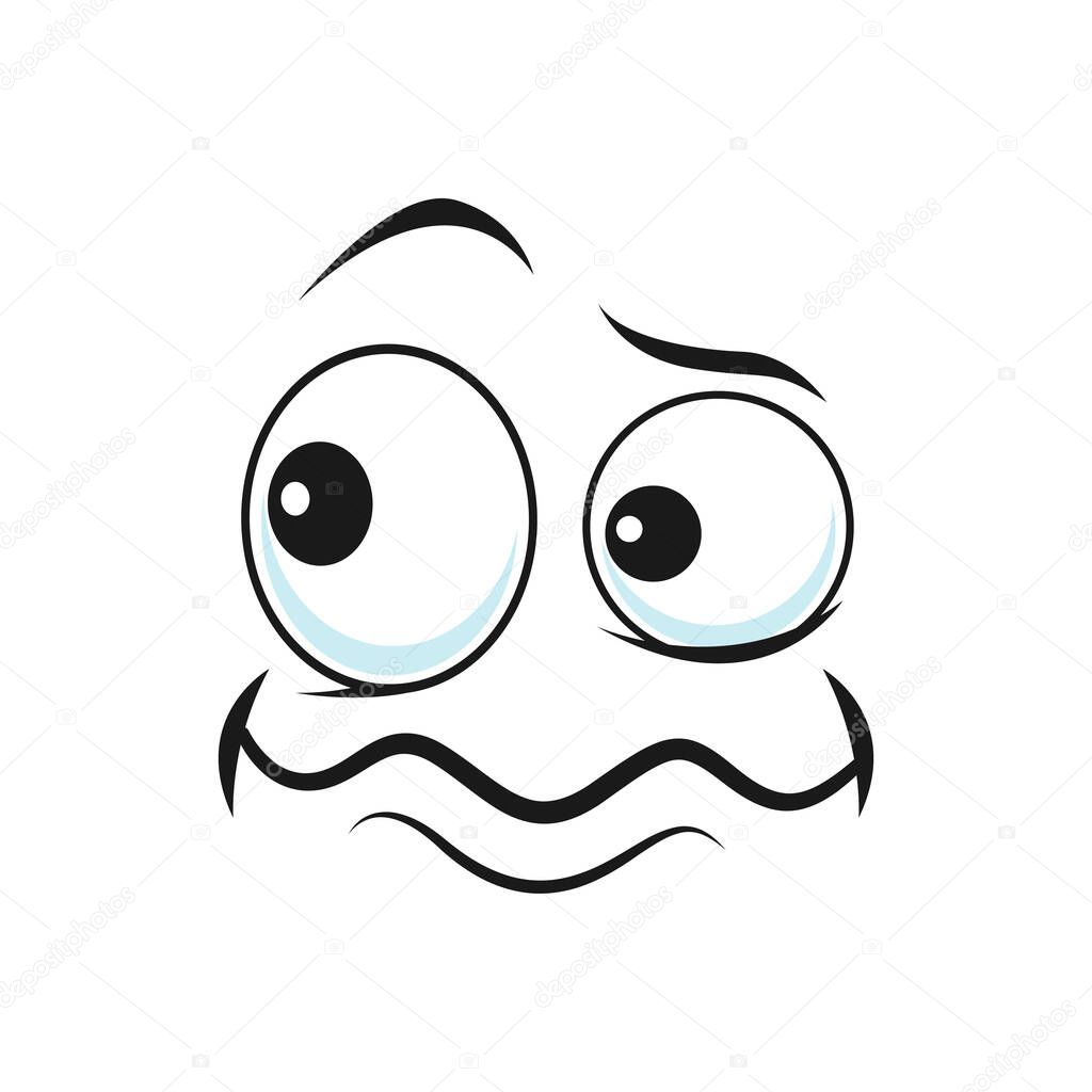 Cartoon disgruntled face vector funny facial emoji with round eyes and tremble mouth. Comic discontented face, wrathy emotion isolated on white background