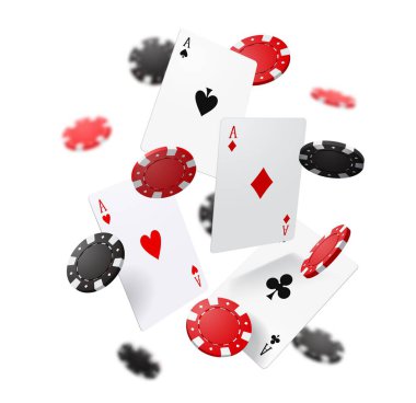 Flying poker cards and chips. Casino gambling game. Vector with four aces and round pieces falling down on white background. 3d poker cards for online casino bet, win, jackpot, gambling games