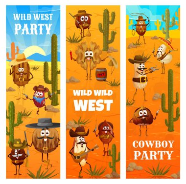 Wild west. Cartoon cowboy, bandit and ranger nut characters. pecan, brazil nut and walnut, coffee bean, macadamia and peanut, walnut, cashew and hazelnut cowboy personages on vector banners
