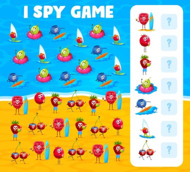 I spy game cartoon cheerful berry characters on summer vacation. Vector educational worksheet with cranberry, strawberry, raspberry, gooseberry, blueberry and cherry. Maths quiz for children