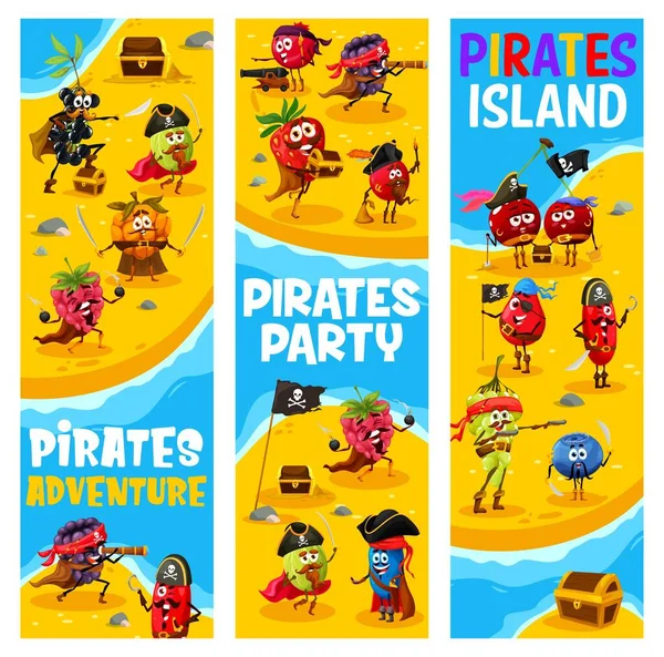 Cartoon Funny Berry Pirates Corsairs Treasure Island Blackcurrant Elderberry Gooseberry — Wektor stockowy