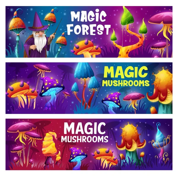 Magic Mushrooms Wizard Fantasy Forest Cartoon Vector Banners Old Sorcerer — Stock vektor