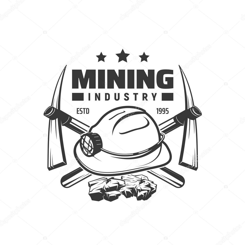 Coal mining industry icon. Fossil fuel mining vector vintage sign or coal industrial production retro symbol. Mining industry monochrome icon with miner hardhat, crossed pickaxes and chunks of coal