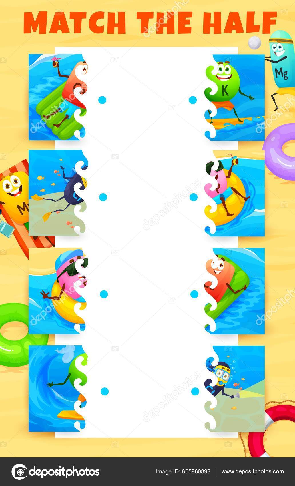 Match Half Cartoon Vitamin Mineral Characters Beach Vacation Kids Game