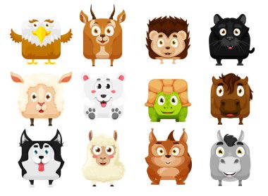 Cartoon kawaii square animal faces. Isolated vector eagle, gazelle, hedgehog and puma, sheep, polar bear, turtle or horse, husky, squirrel and donkey funny pet characters. Wild and farm personages