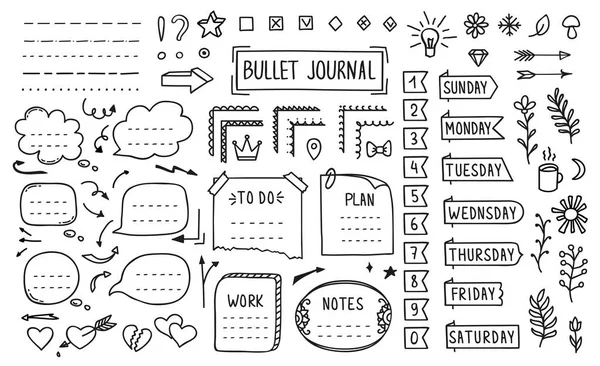 Bullet Journal Doodle Diary Elements Page Stickers Vector Memo Note — 图库矢量图片