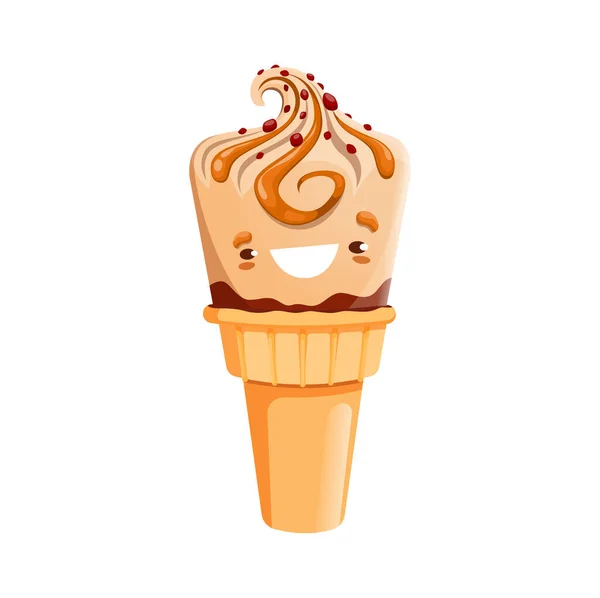 Cartoon Ice Cream Dessert Character Kawaii Waffle Cone Personage Chocolate — Stockový vektor