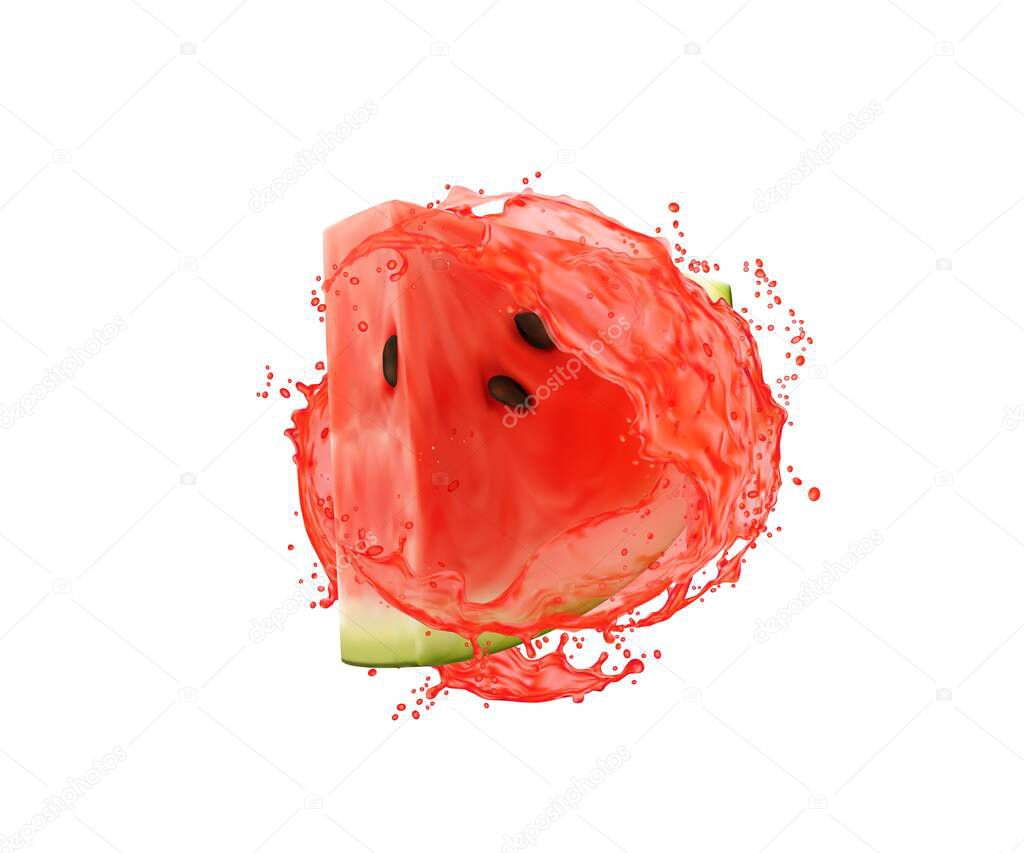Watermelon fruit slice with juice splash. Summer fruit juice realistic vector swirl or splash. Isolated fresh watermelon drink spill with falling drops, juicy beverage twirl or spill with ripples