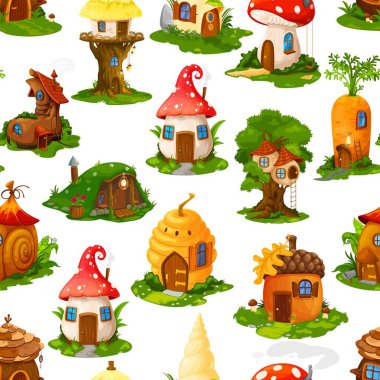 Seamless pattern of cartoon fairytale houses and dwellings of gnome elf, vector background. Fairy tale homes village and gnome huts in mushroom, carrot or boot and beehive
