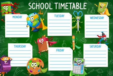 Timetable schedule. Cartoon school education superhero characters. School study vector timetable or weekly schedule with pencil, globe, book and palette, backpack, scissors and calculator personages