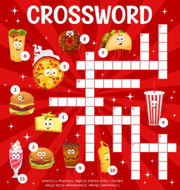 Cartoon takeaway fast food and drinks characters, crossword puzzle game, vector grid. Find a word quiz worksheet or crossword with fastfood pizza, cheeseburger, donut with ice cream and coffee