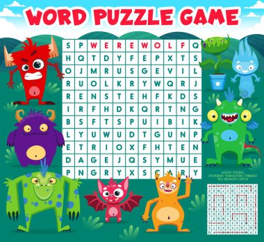 Word search puzzle game. Cartoon monster characters. Word search quiz, kids vocabulary puzzle vector worksheet with cute bat, funny dragon, alien lizard and fluffy beast, angry devil monster personage