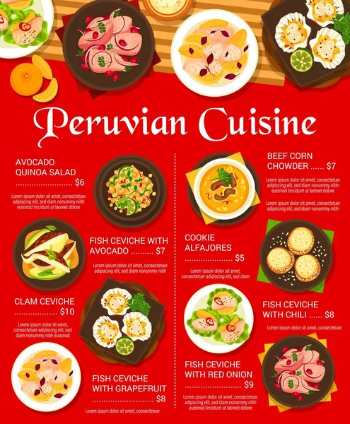 Peruvian Cuisine Menu Page Template Fish Ceviche Grapefruit Avocado Cookie — Vettoriale Stock