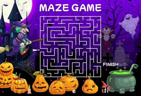 Halloween Labyrinth Maze Help Witch Find Potion Cauldron Pumpkins Kids — Wektor stockowy