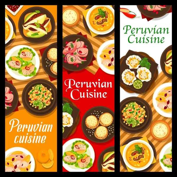 Peruvian Cuisine Restaurant Meals Banners Fish Ceviche Grapefruit Avocado Beef — Stock Vector