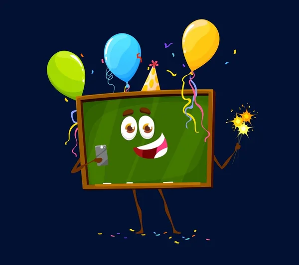 Holiday birthday celebration, cartoon school board character. Isolated vector funny chalkboard in festive hat with balloons and sparkler making photo on phone. Blackboard personage celebrate party