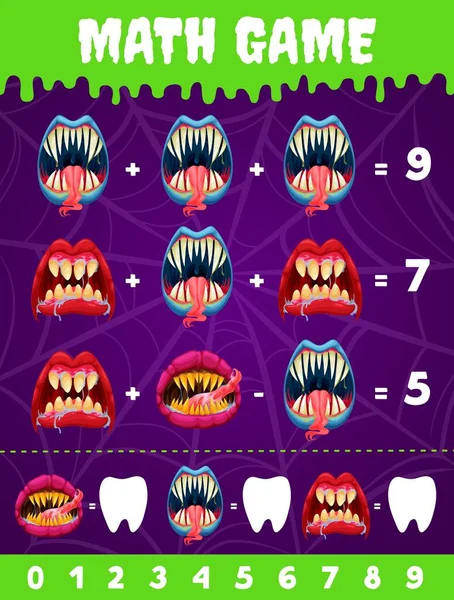 Cartoon Demon Face Halloween Monster Mouth Jaws Math Game Worksheet — Stock Vector