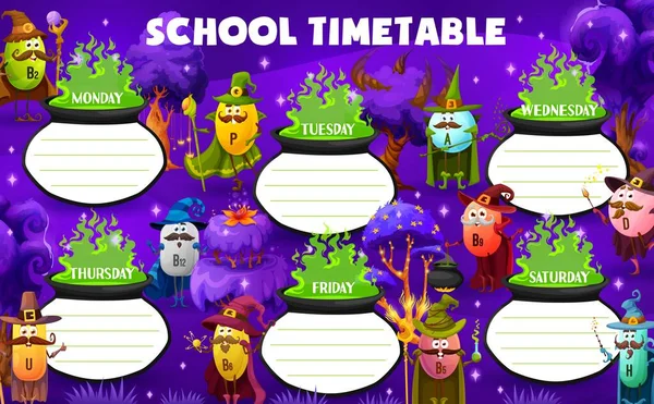 Education Timetable Schedule Cartoon Vitamin Wizard Mage Characters Education Weekly — стоковый вектор