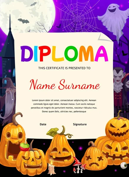 Kids Diploma Cartoon Halloween Pumpkin Lanterns Ghosts Wizard Cobweb Child — Wektor stockowy