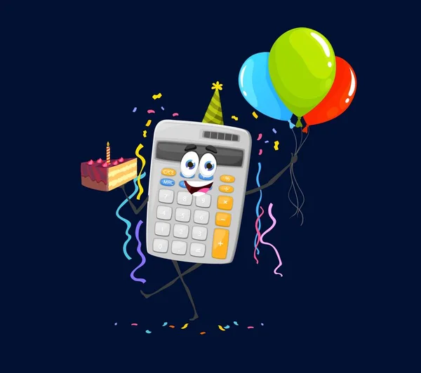 Holiday birthday celebration, cartoon calculator character. Isolated vector school and office supply personage with cake and balloons celebrate anniversary. Counting stationery with candle on pie