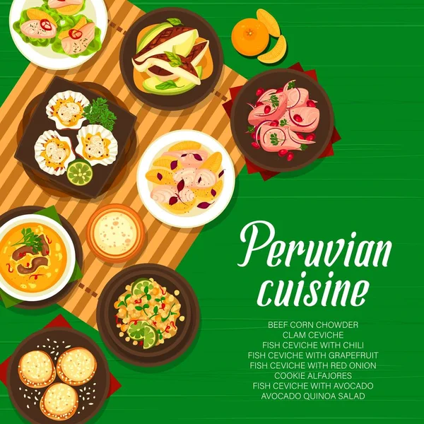 Peruvian Cuisine Restaurant Menu Vector Cover Cookie Alfajores Fish Ceviche — Stock Vector