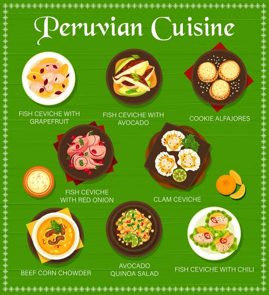 Peruvian Cuisine Restaurant Meals Menu Fish Ceviche Grapefruit Avocado Avocado — Vettoriale Stock