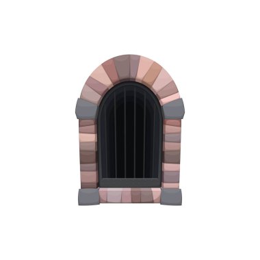 Karikatür ortaçağ kaleleri hapishane penceresi. Ortaçağ hapishanesi ya da kale dış penceresi, antik saray hapishanesi izole vektör penceresi kırmızı taş tuğlalar kemer ve metal parmaklıklar