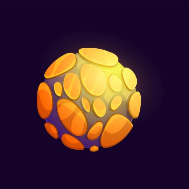 Volkanları, dağ kraterleri ve lavları olan galaksi uzay gezegeni. Galaksi fantastik gezegen, kanyonları, kayalık çölü ya da yaylası olan yabancı ana gezegen. Uzay oyunu UI ögesi, çizgi film vektör uydu simgesi