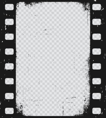 Eski grunge film şeridi, klasik film şeridi dokusu. Vektör film makarası çerçevesi şeffaf arkaplanda izole edildi. Fotoğraf negatif resim veya çizik kenarlı sinema slaytı, retro fotoğraf