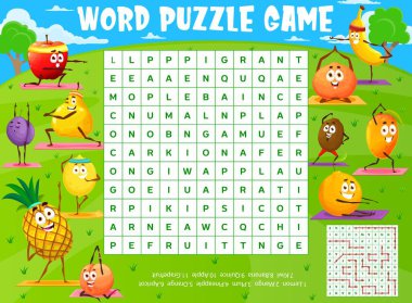 Yoga kelime bulmaca çalışma kağıdında olgun meyve karakterleri, çocuk sınavı. Limon, mango, erik ve ananas, portakal, kayısı, kivi veya muz, ayva, elma ve greyfurt.