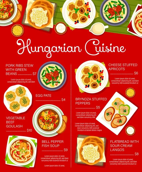Ουγγρική Κουζίνα Μενού Εστιατόριο Πατέ Αυγού Λαχανικό Μοσχαρίσιο Γκούλας Και — Διανυσματικό Αρχείο
